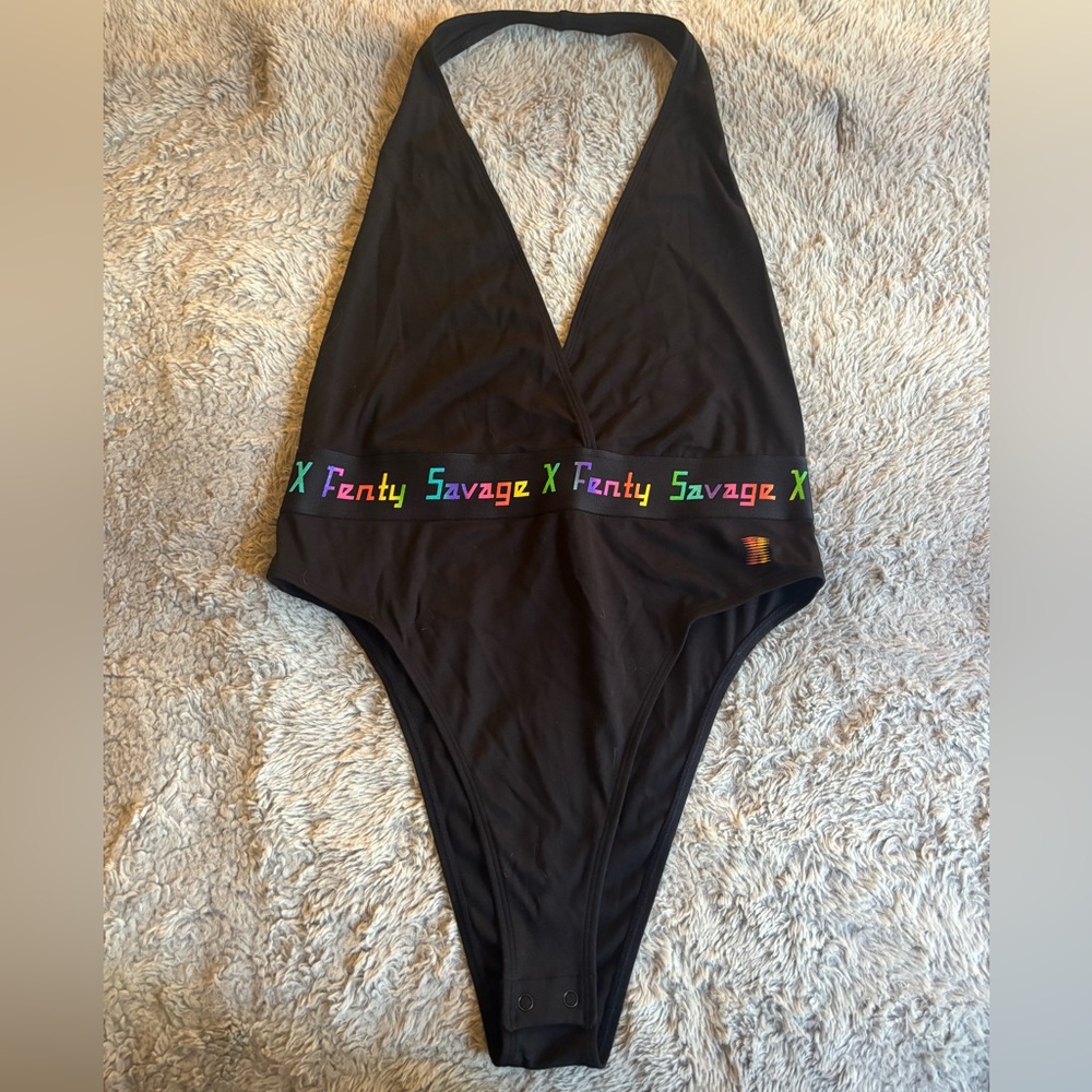 NWT Savage X Fenty Black Bodysuit with Multicolor Logo